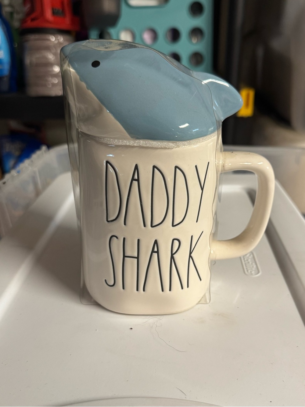 Rae Dunn Daddy Shark Ceramic Mug with Blue Shark Lid